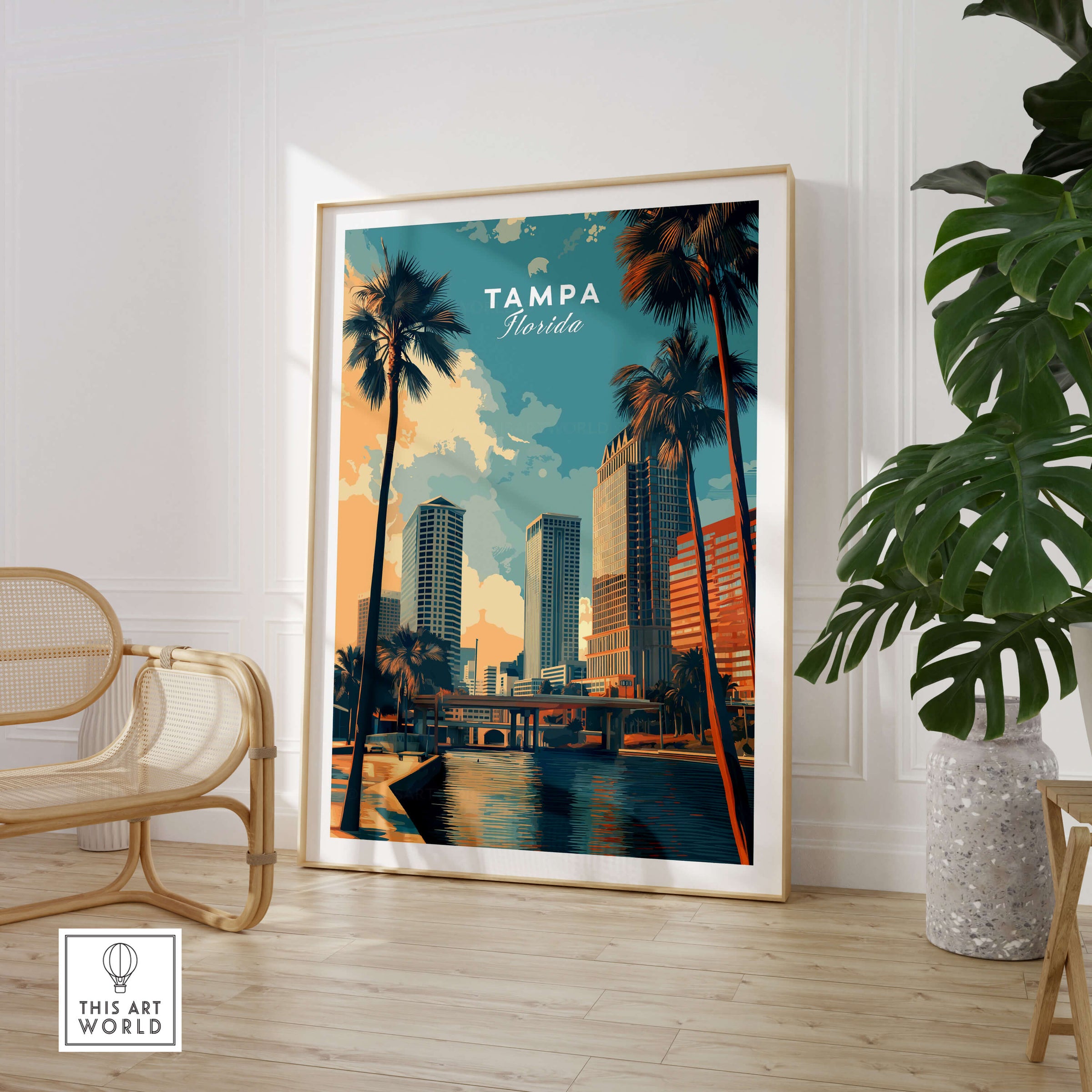 Tampa Florida Wall Art Print | Palm Trees & Modern Skyline Travel Poster in a stylish living room setting.