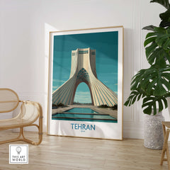 Tehran Poster Iran | Azadi Tower Sunset Architecture Canvas Print in a modern interior setting.