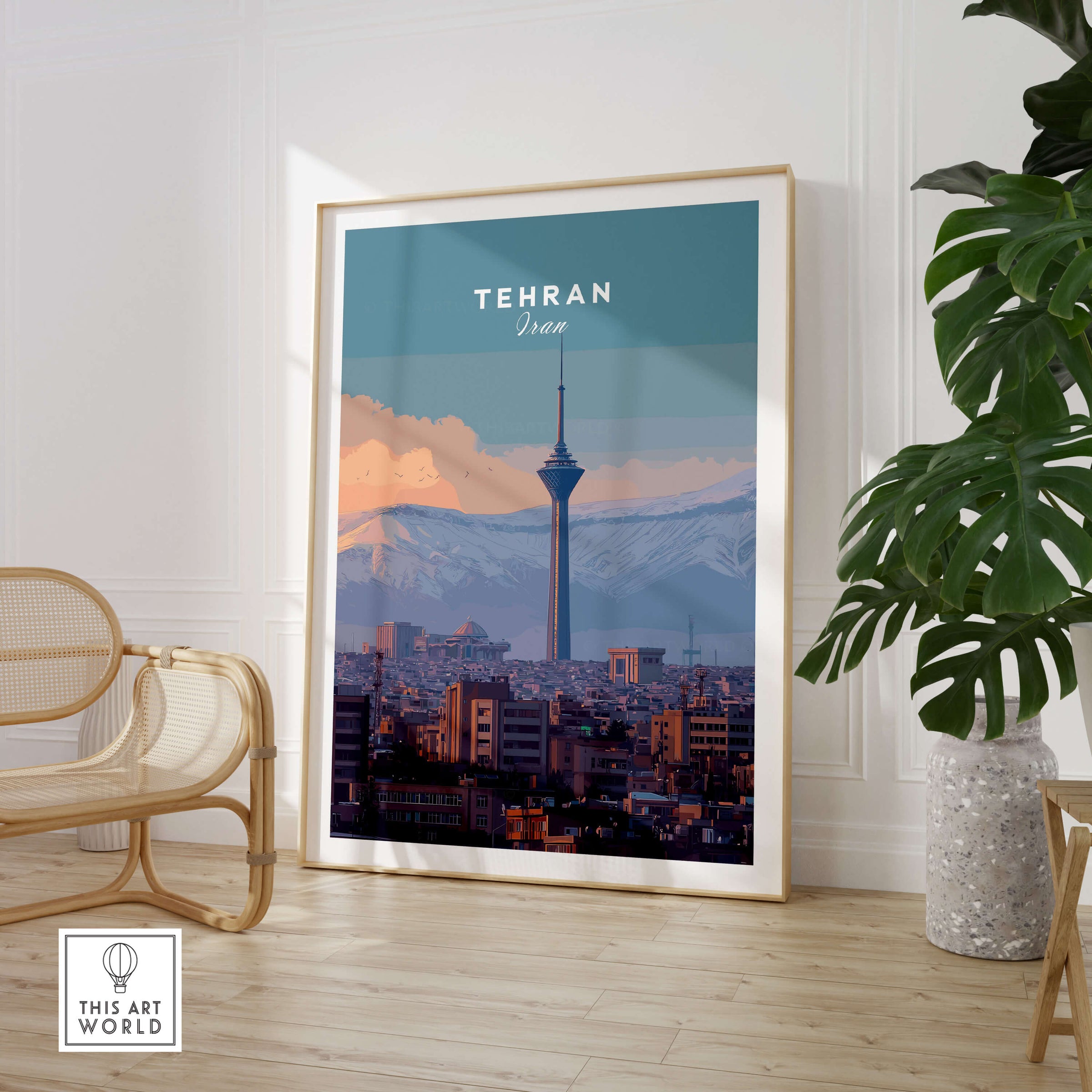 Tehran Iran Travel Poster | Alborz Mountains Skyline Wall Art Print featuring city skyline and mountains.