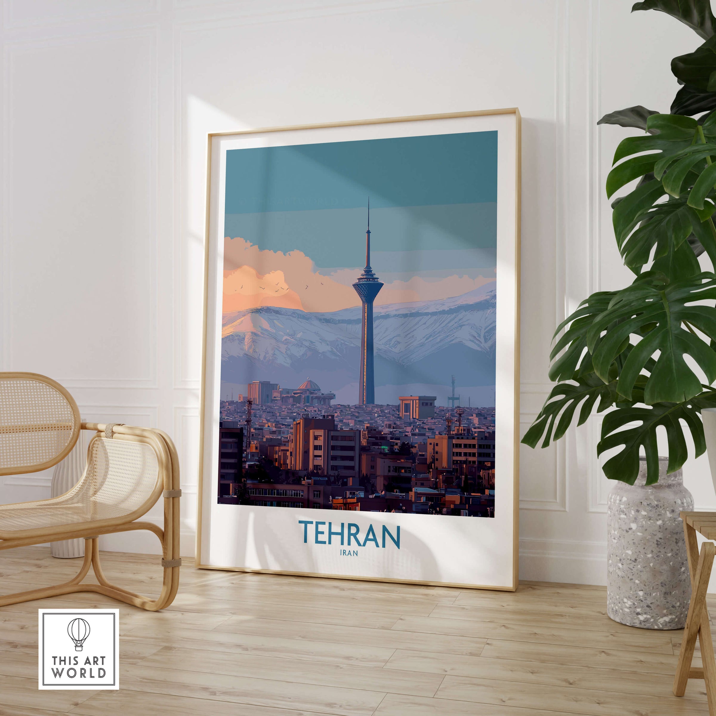 Tehran Iran Canvas Print | Evening City Landscape Poster displayed in a modern interior setting with plants.