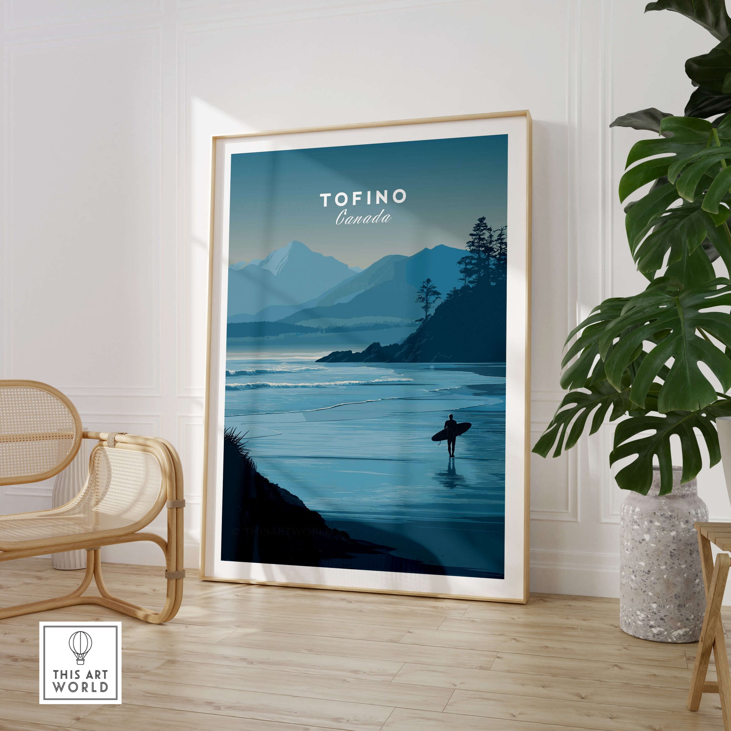 Tofino Canada Travel Poster | Pacific Coast Surfer Wall Art Print featuring a surfer against tranquil coastal scenery.