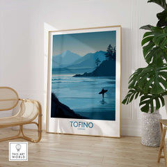 Tofino Canada Canvas Print | Misty Mountain & Shoreline Poster displayed in an artistic setting with plants and furniture.