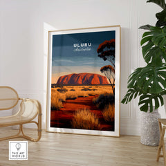 Uluru Australia Wall Art Print | Red Center Outback Travel Poster featuring iconic Uluru landscape and warm desert colors.