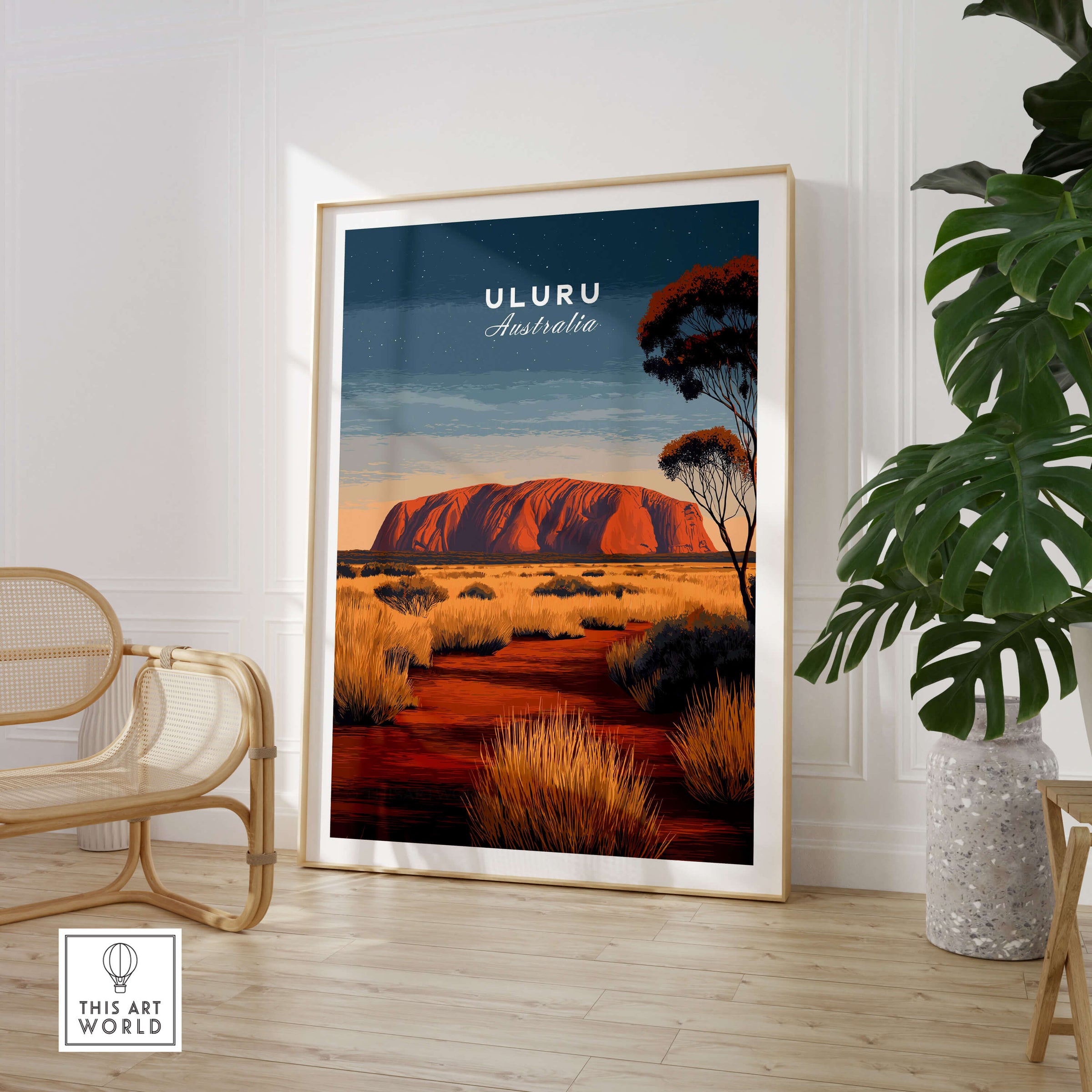 Uluru Australia Wall Art Print | Red Center Outback Travel Poster featuring iconic Uluru landscape and warm desert colors.