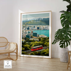 Wellington New Zealand Wall Art Print | Travel Poster showcasing the vibrant harbor and cable car in a stylish room.