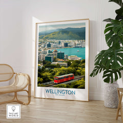 Wellington New Zealand Poster | Scenic City Skyline Landscape Canvas Print displayed in a stylish interior setting.