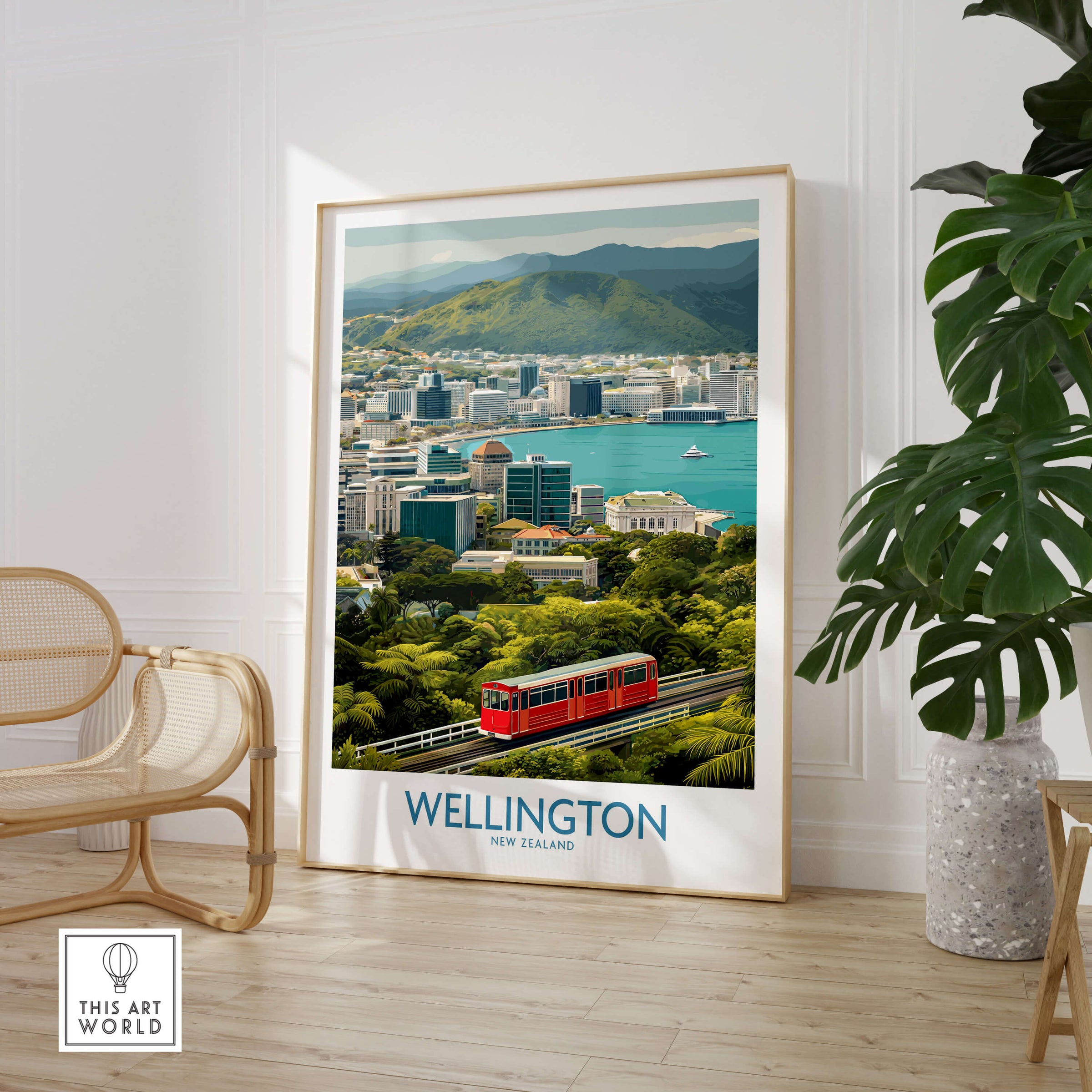 Wellington New Zealand Poster | Scenic City Skyline Landscape Canvas Print displayed in a stylish interior setting.