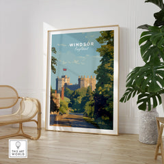 Framed Windsor England travel poster print in modern room with chair and potted plant