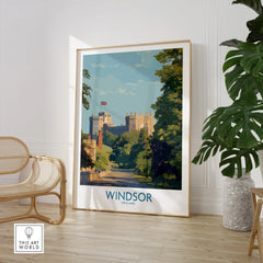Framed Windsor England travel poster print in modern room with chair and potted plant