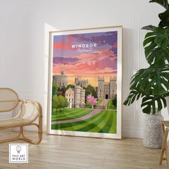 Windsor England travel poster framed in modern living room with chair and indoor plant