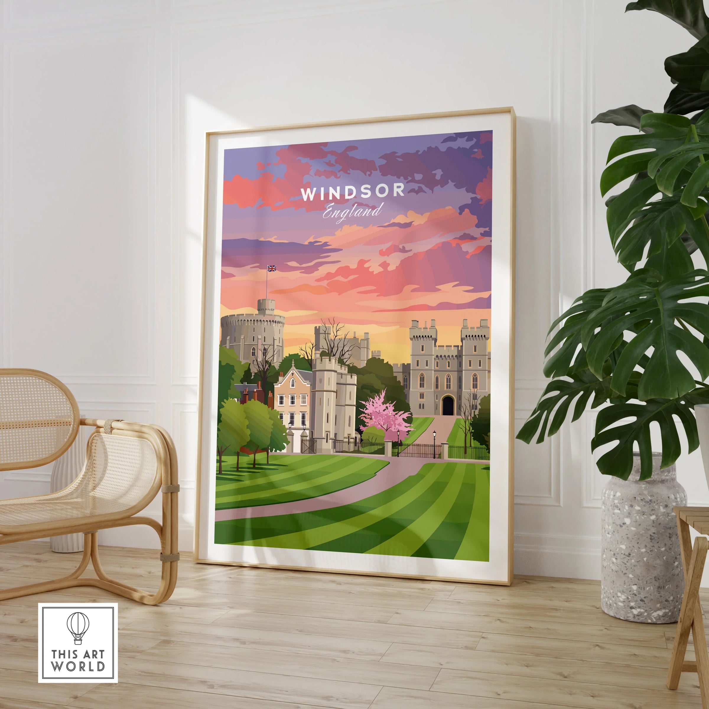 Windsor England travel poster framed in modern living room with chair and indoor plant