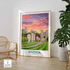 Framed Windsor England travel poster in modern room with chair and green plant