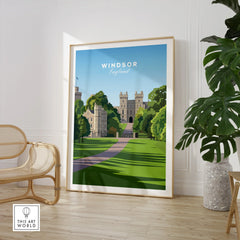 Framed Windsor England travel poster print in modern room with chair and plant