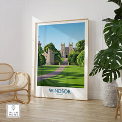Windsor England travel poster framed print, modern wall art in stylish room with chair and plant