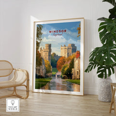 Framed Windsor England travel poster in modern room with chair and leafy plant