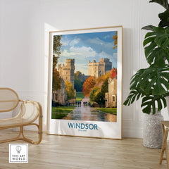 Windsor Castle travel poster print in modern room with chair and green plant