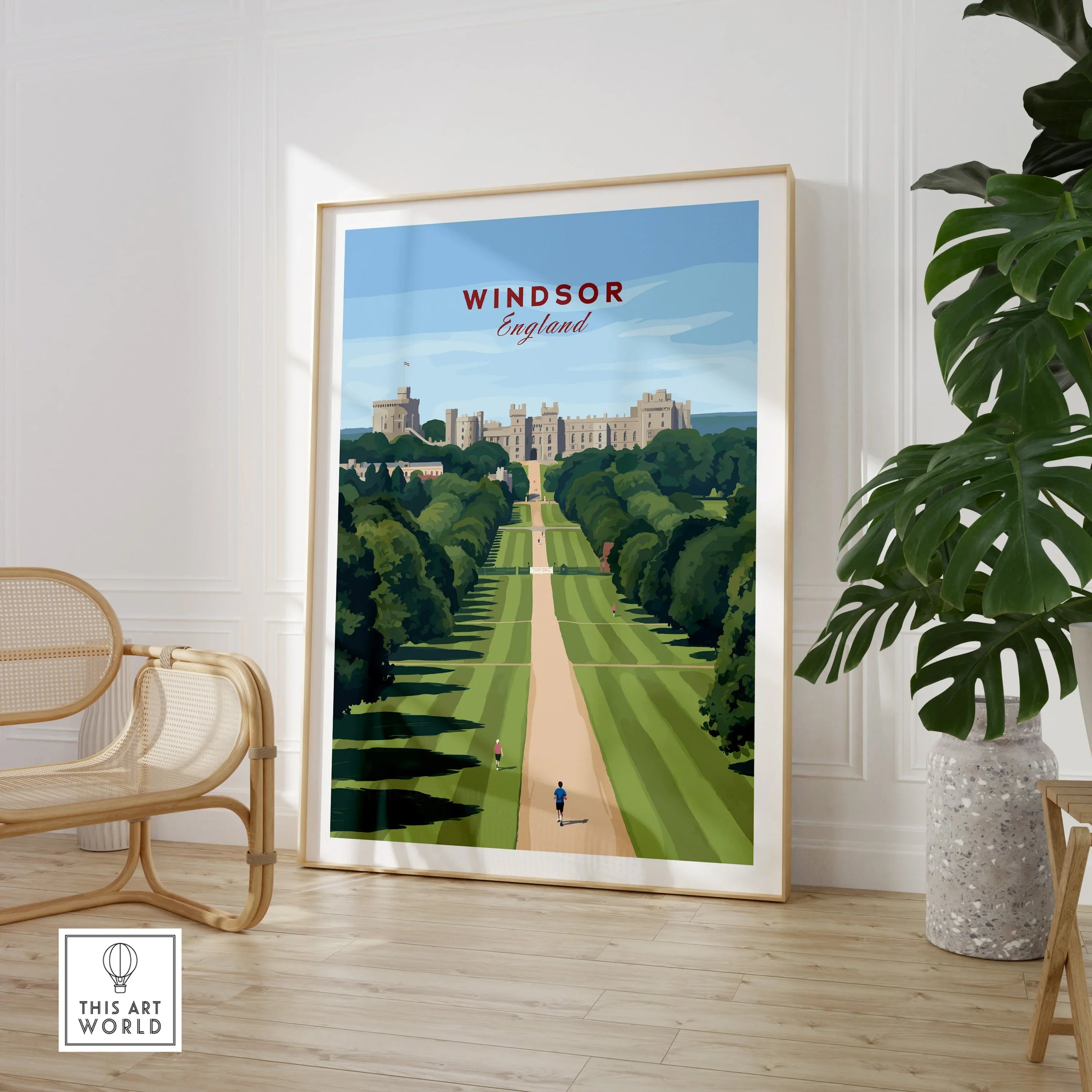 Framed Windsor England travel poster in modern room with chair and plant