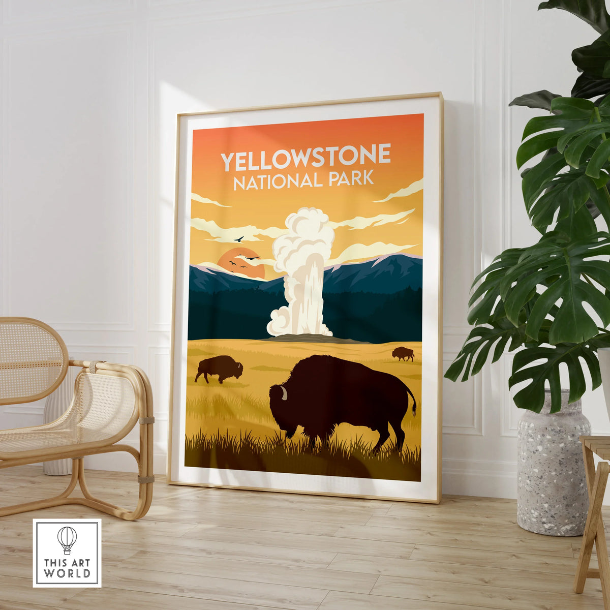 Yellowstone National Park art print with bison, geyser, and mountain decor in modern room