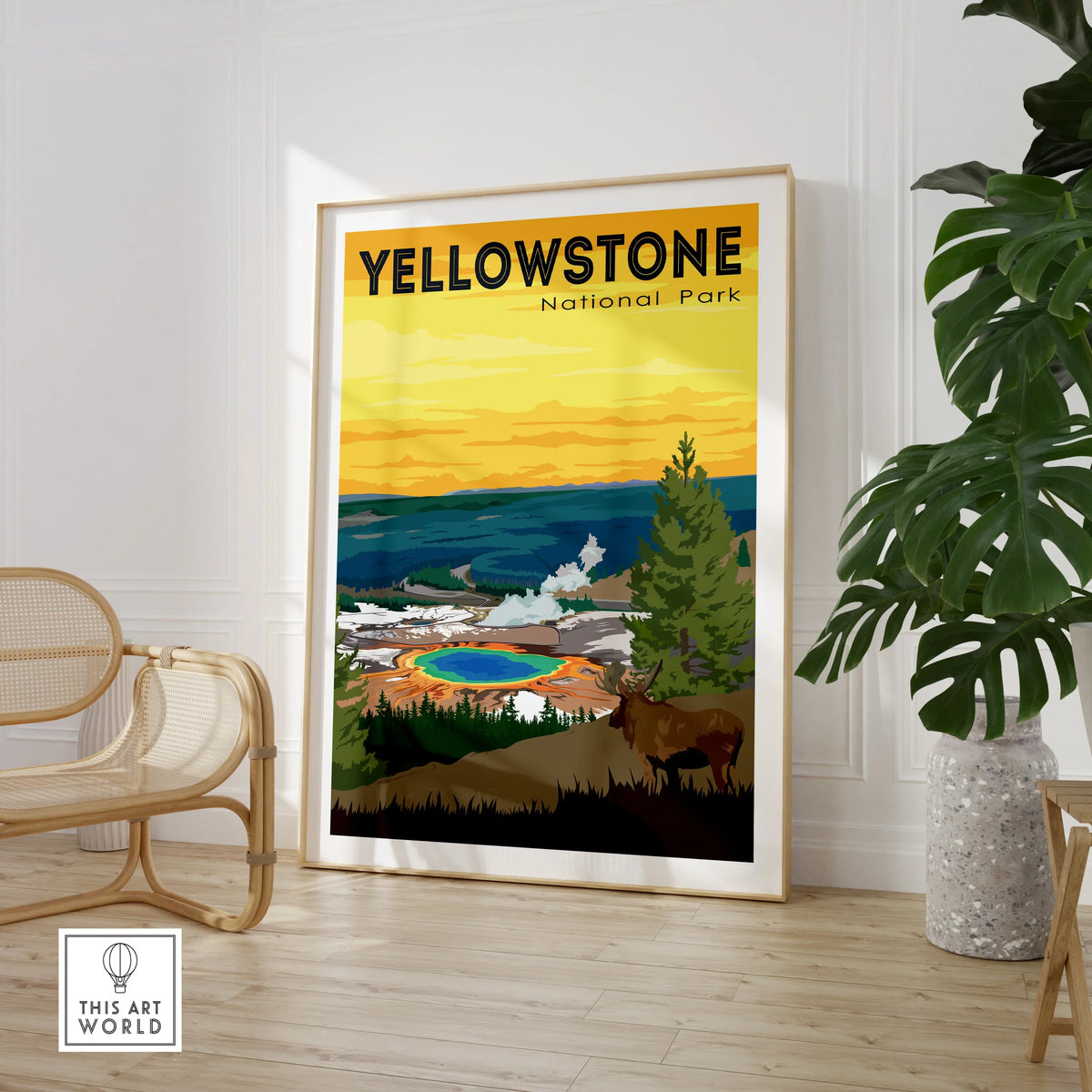 Yellowstone National Park travel poster in modern room with chair and potted plant
