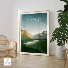 Yosemite National Park framed wall art print in a modern room with chair and plant