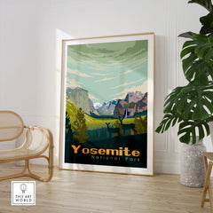 Framed Yosemite National Park travel poster in modern room with chair and plant