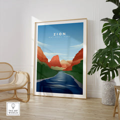Zion National Park framed travel poster in modern room with chair and plant