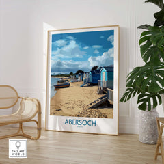 Abersoch Wales Beach Huts Art Print | Coastal Boats Wall Decor Poster showing vibrant beach huts by the sea.
