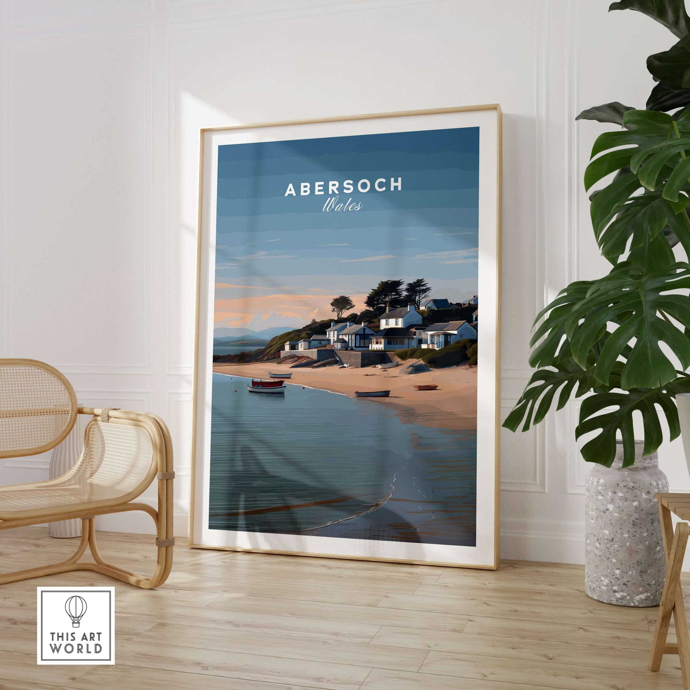 Abersoch Llyn Peninsula Shoreline View Canvas Print | Welsh Seaside Travel Poster displayed in a modern home setting.