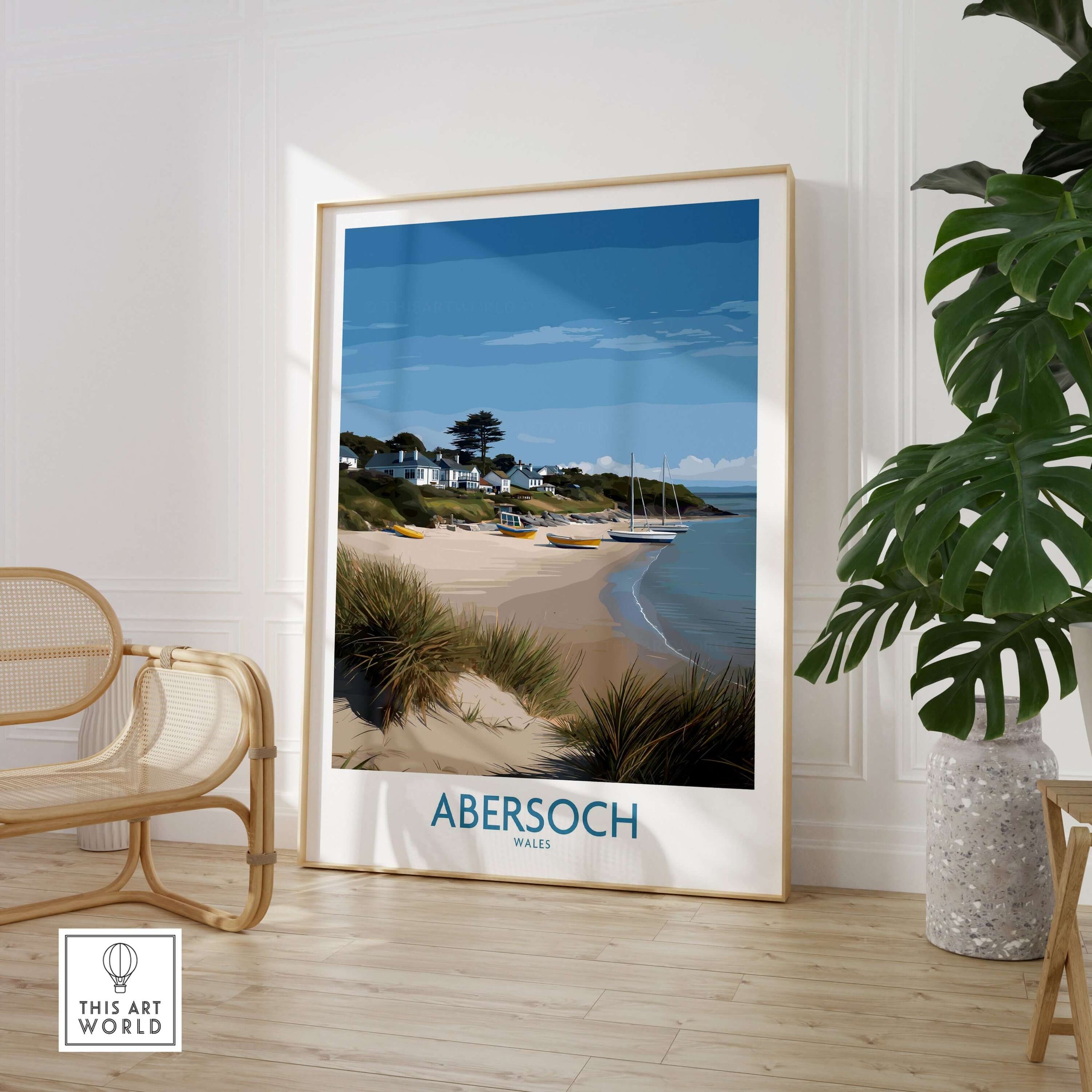 Abersoch Wales Sand Dunes Beach Art Print | Sailboats Coastal Wall Decor in a stylish indoor setting.