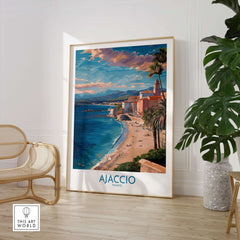 Ajaccio France Coastal Beach Art Print | Corsica Sunset City Poster displayed in a stylish interior setting.