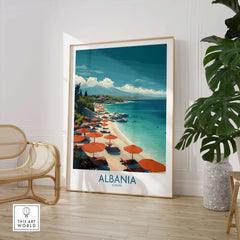 Albania Art Print | Beach Poster featuring vibrant coastal scene with umbrellas and clear blue water.
