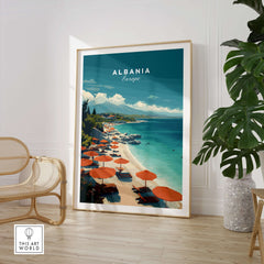 Albania Canvas Print | Balkan Travel Wall Decor showcasing a stunning beach scene with orange umbrellas and serene waters.
