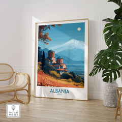 Albania Snow Mountain Church Art Print | Historic Monastery Landscape Poster displayed in a stylish interior.