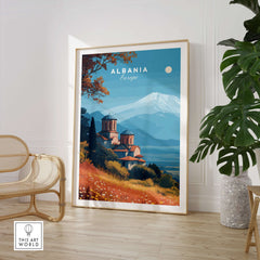 Albania Canvas Print | Framed and Unframed Travel Wall Decor showcasing monastery amid mountains and vibrant scenery.