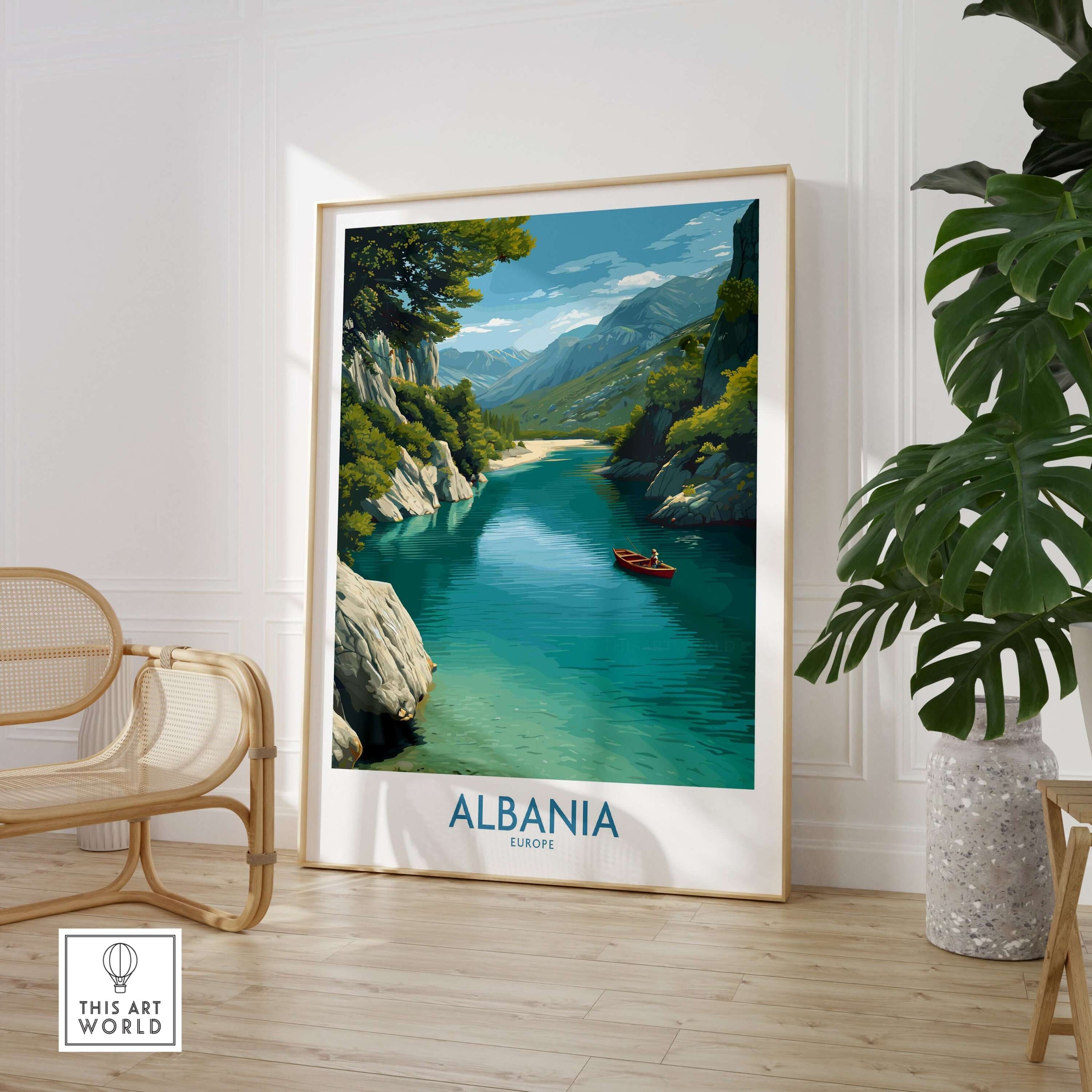 Albania Canvas Print | Framed and Unframed Travel Wall Decor featuring a serene river scene.