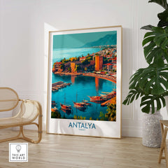 Antalya Turkey Kaleci Port Art Print | Historic Red Tower Poster showcasing the beautiful Antalya coast and Red Tower.