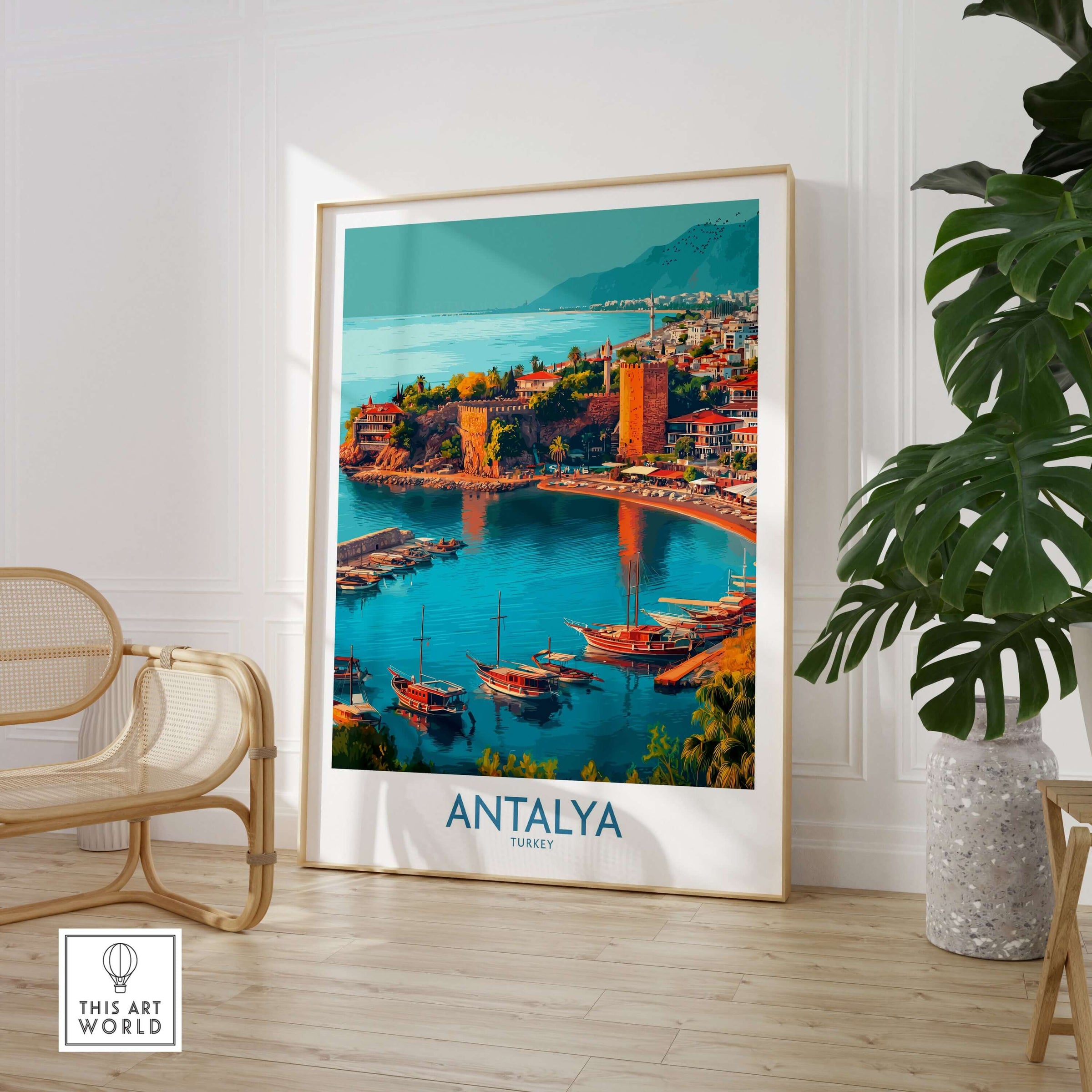 Antalya Turkey Kaleci Port Art Print | Historic Red Tower Poster showcasing the beautiful Antalya coast and Red Tower.