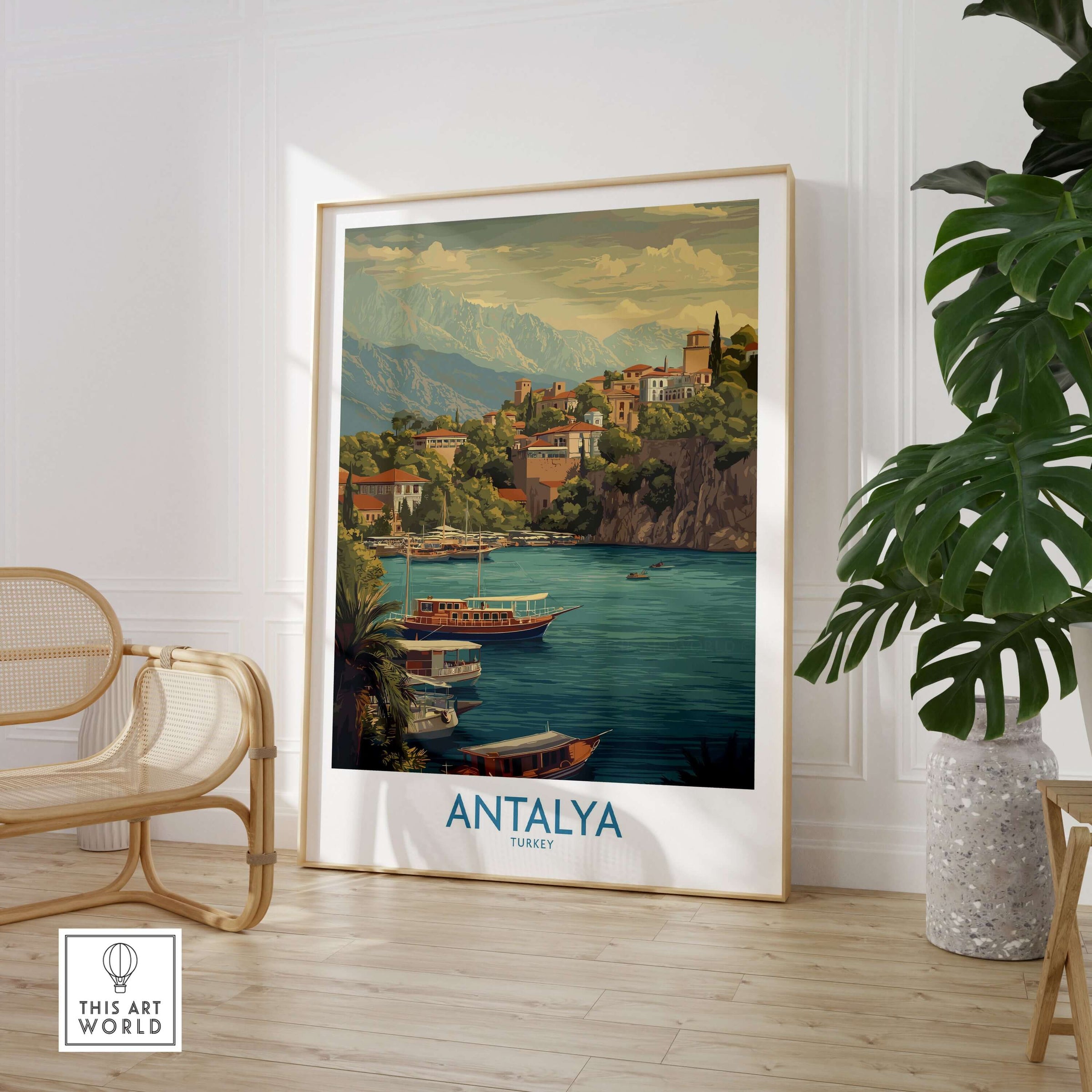 Antalya Turkey Harbour Cliff Art Print | Taurus Mountains View Poster displayed in a stylish setting with lush leaves.