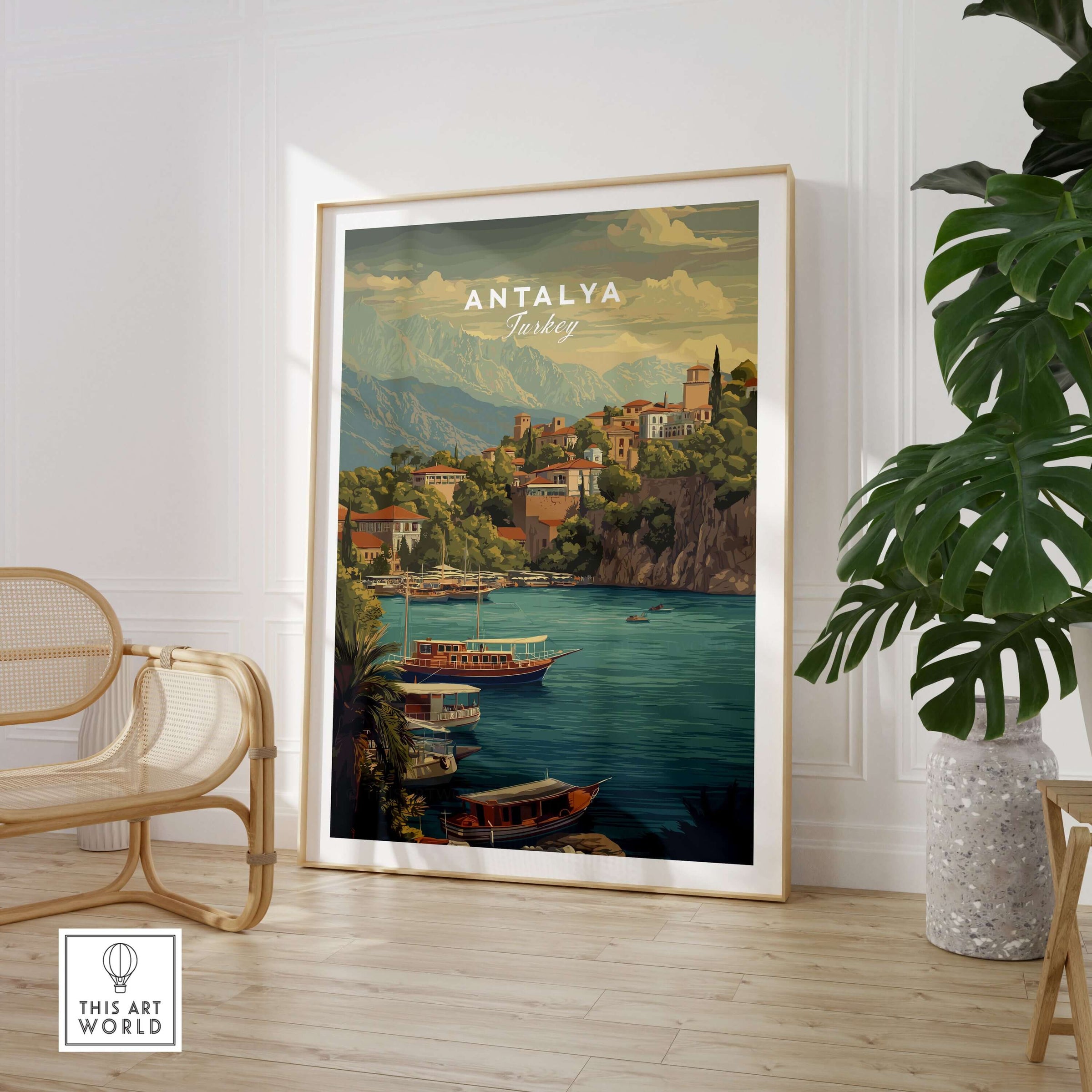 Antalya Kaleiçi Marina Canvas Print | Turkish Travel Wall Decor displayed in a cozy interior setting with a plant.
