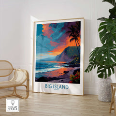 Big Island Hawaii Sunset Beach Art Print | Tropical Palm Tree Poster featuring vibrant sunset and palm trees in a stylish interior.