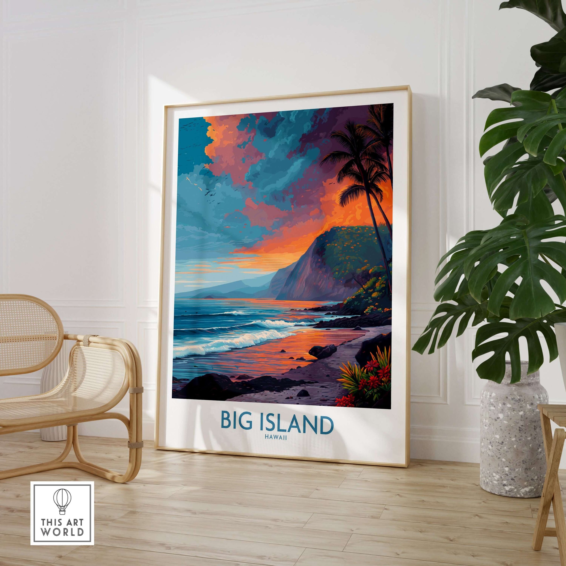 Big Island Hawaii Sunset Beach Art Print | Tropical Palm Tree Poster featuring vibrant sunset and palm trees in a stylish interior.