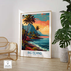 Big Island Hawaii Tropical Beach Art Print | Lush Green Coast Poster showcasing vibrant coastlines and palm trees.