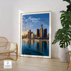 Detroit Riverfront Sunset View Print | Modern US City Wall Decor showcased in a stylish interior setting.