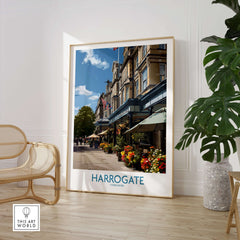 Harrogate Yorkshire Art Print | Floral Cafe Scene Poster showcasing a charming street view with floral decorations.
