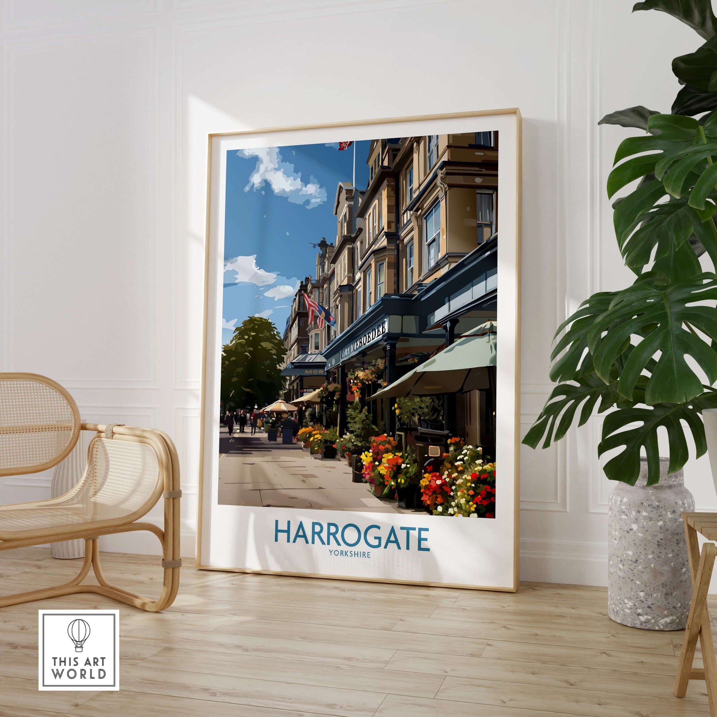 Harrogate Yorkshire Art Print | Floral Cafe Scene Poster showcasing a charming street view with floral decorations.