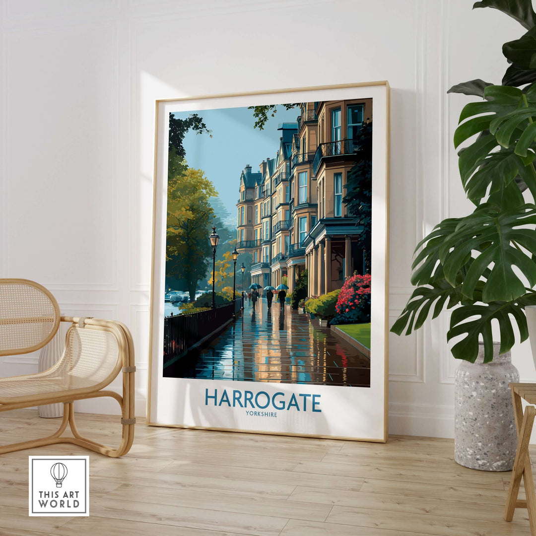 Harrogate Yorkshire Victorian Terrace Art Print | Rainy Street Poster framed in a stylish interior with a plant and chair.