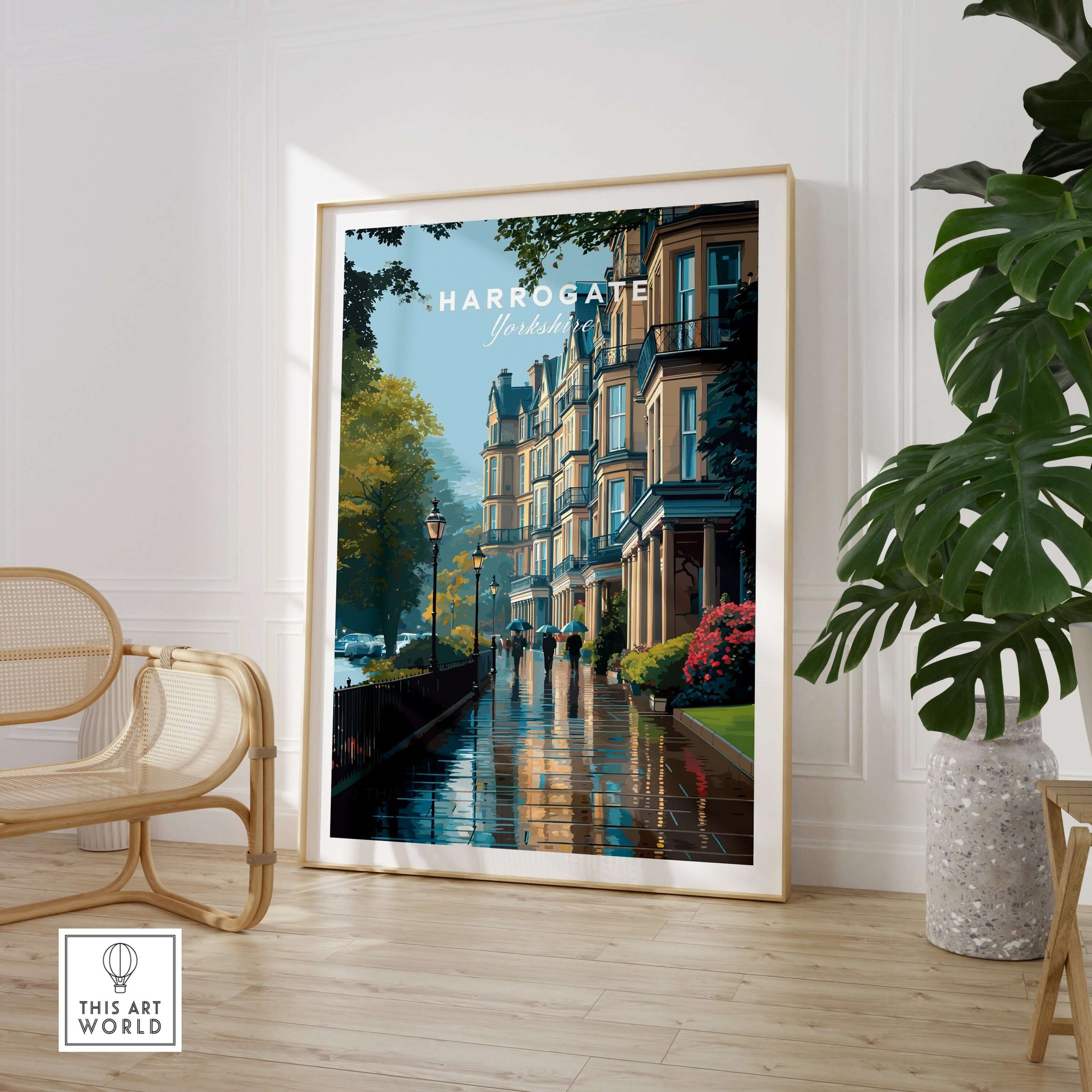 Harrogate Classic British Town Scene Print | English Architecture Wall Art displayed in a stylish interior setting.