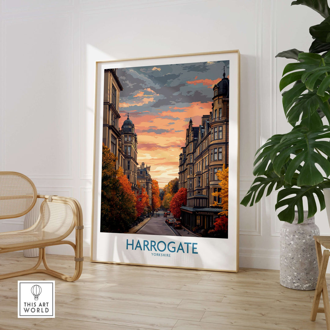 Harrogate Yorkshire Autumn Street Art Print | Sunset Avenue Poster showcasing an autumn-lit street in Harrogate.