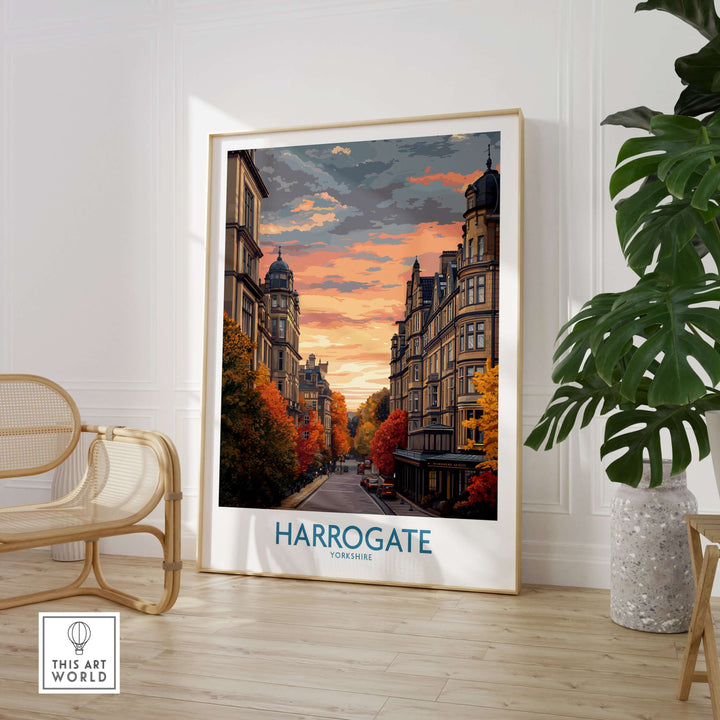 Harrogate Yorkshire Autumn Street Art Print | Sunset Avenue Poster showcasing an autumn-lit street in Harrogate.
