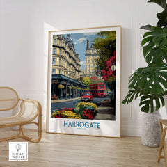 Harrogate Yorkshire Print | Floral Street Scene Poster displayed in a stylish interior with a red bus and floral elements.